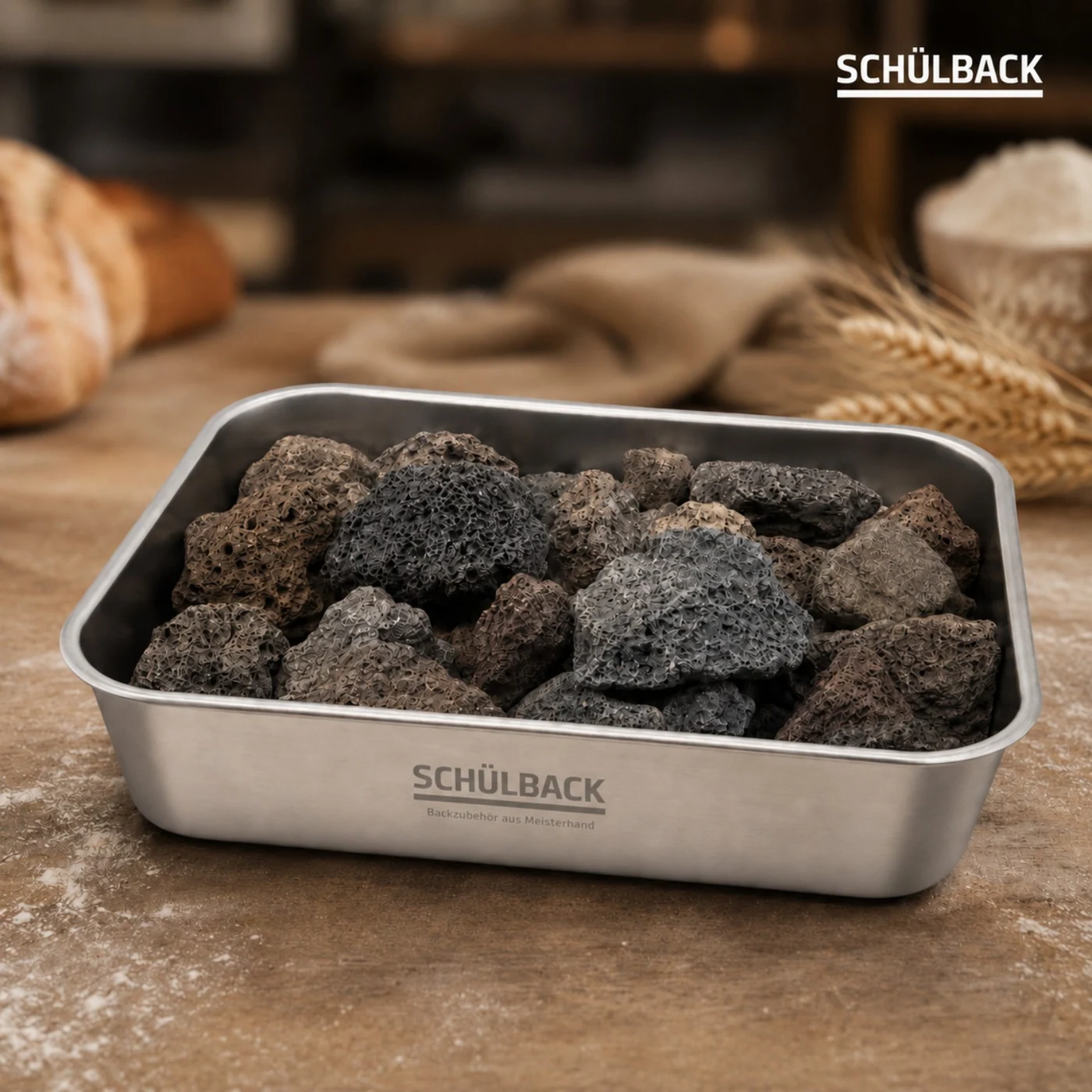 Schülback-Dampfschüssel aus Edelstahl, gefüllt mit Lavasteinen